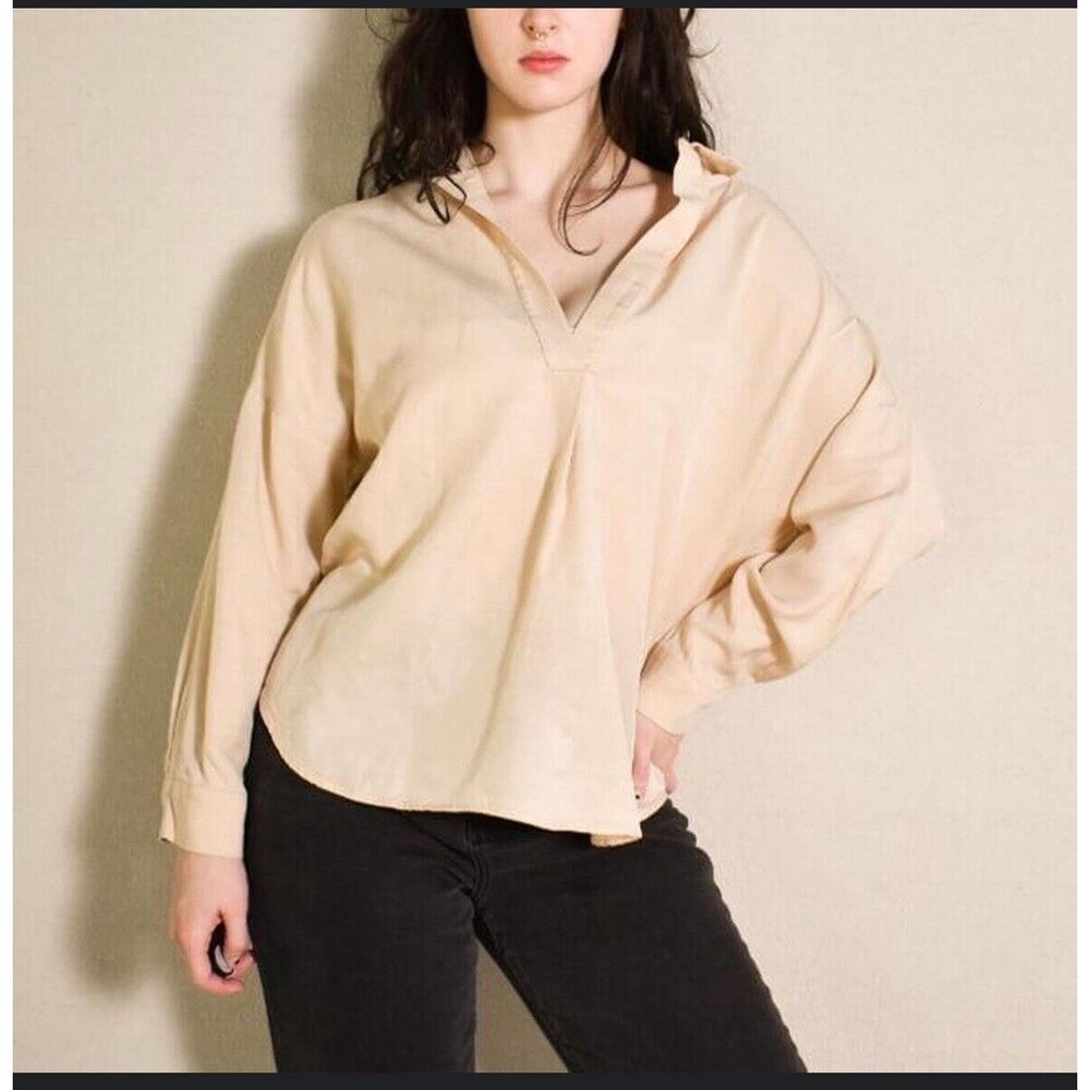 Zara Women's Top S Peach Cream 100% Linen 3/4 Sleeve Collared Tunic Oversizedβ